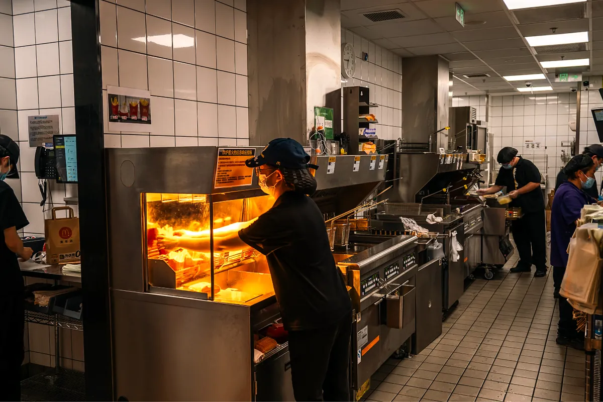 Staff working the line in a busy quick service restaurant kitchen